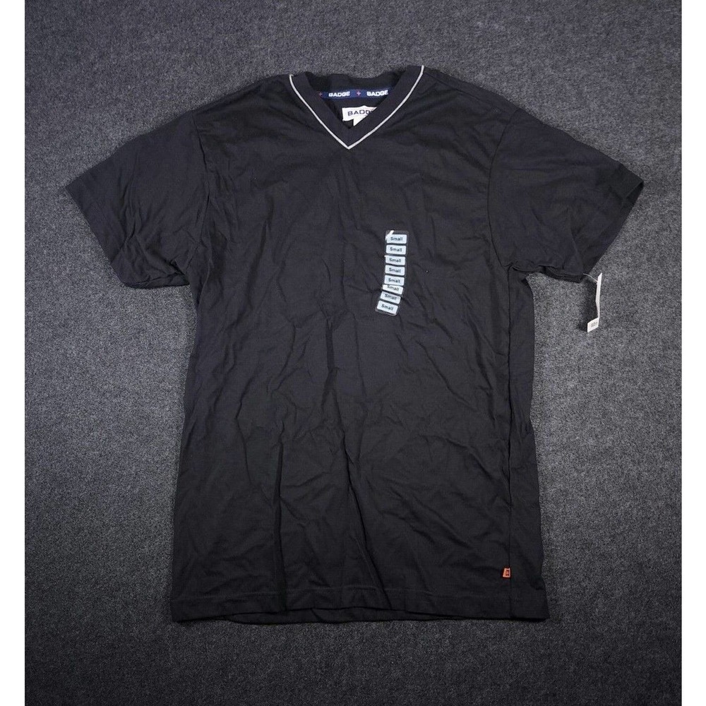 Badge Shirt Mens Small S Stretch Black Regular‎ Short Sleeve V Neck Y2K NWT